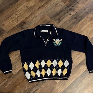 Vintage Navy Argyle Zip-Up Sweater